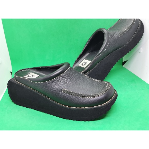Vintage Y2K Arizona Jean Company 100% Black Leather Wedge Clogs Women's Siz 7.5M - Picture 12 of 16